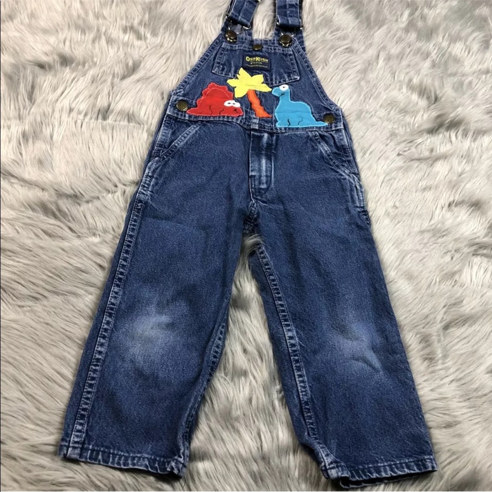 Vintage Oshkosh Bgosh Blue Denim Dinosaur Applique Overalls Made Usa